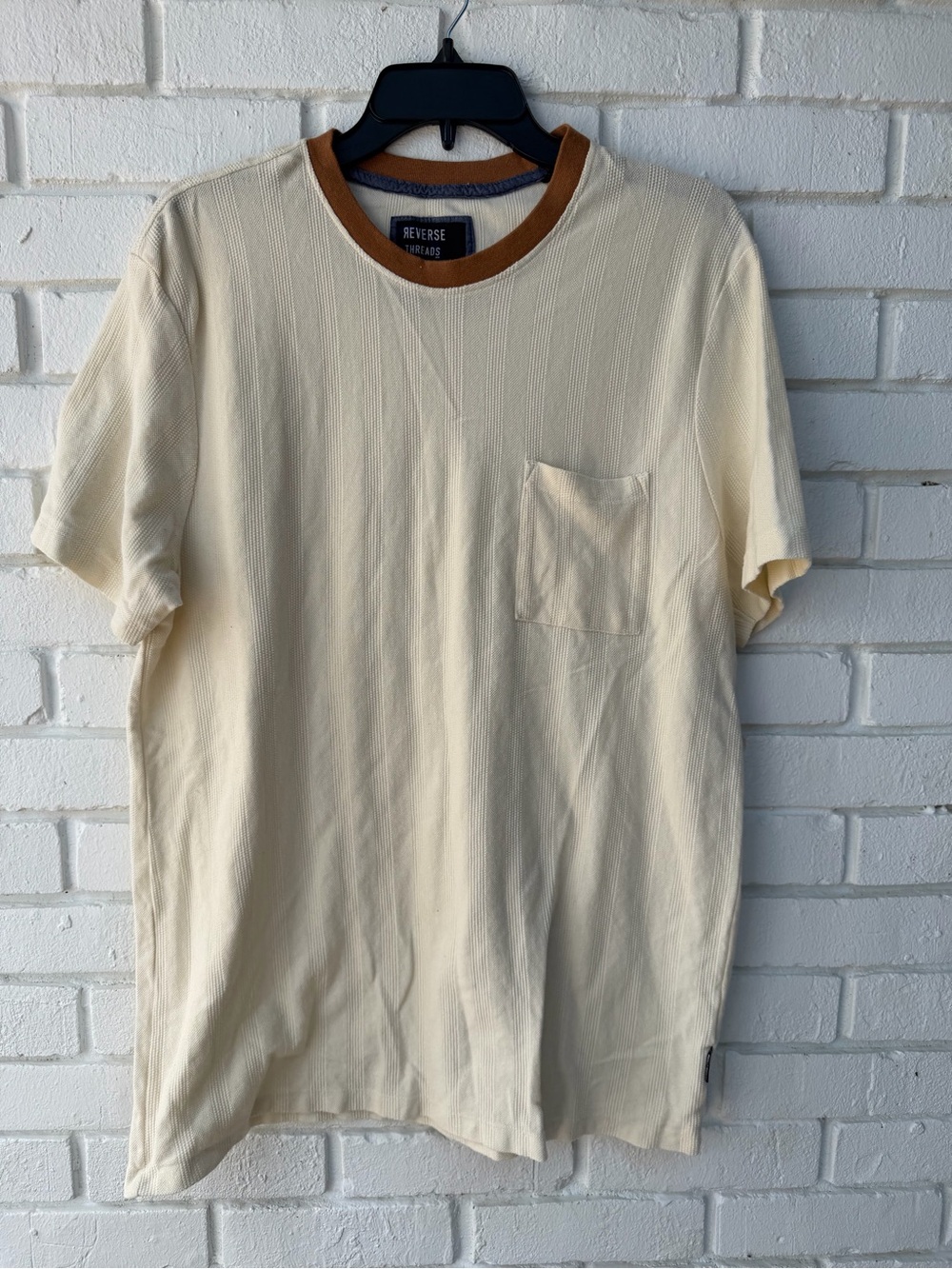 Reverse Threads Men’s Cream Short‑Sleeve Pocket Tee with Contrast Tan Collar
